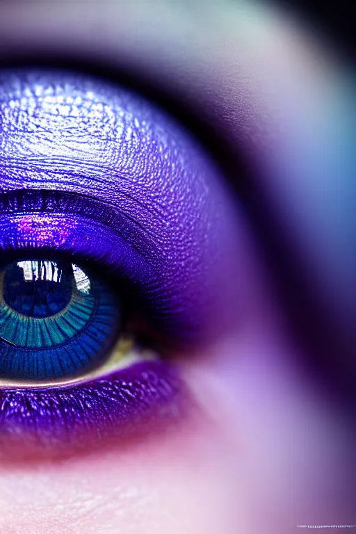 Prompt: macro photography of a hyper realistic stunning woman eye. shades of blue and purple in the iris with a forest reflected in it. epic scale, insanely complex, hyperdetailed, sharp focus, hyper realism, artstation, cgsociety, 8 k, bright colors, by takato yamamoto, unreal engine 5