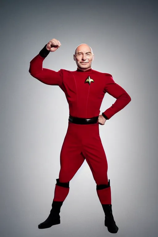 Prompt: full body digital portrait of bodybuilder captain jean - luc picard, starfleet uniform, smooth, elegant, sharp focus, highly detailed