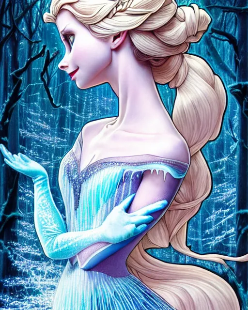 Image similar to ' princess elsa, insanity, demented, morbid, surreal ', beautiful shadowing, 3 d shadowing, reflective surfaces, illustrated completely, 8 k beautifully detailed pencil illustration, extremely hyper - detailed pencil illustration, intricate, epic composition, masterpiece, bold conflicting colors. stunning masterfully illustrated by artgerm, range murata, alphonse mucha, katsuhiro otomo.