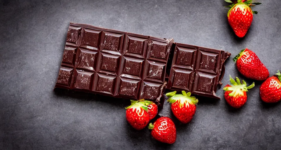 Image similar to A gourmet dark chocolate bar with a piece broken off, on an opened silver wrapper, next to sliced strawberries, on a wooden tray, macro lens product photo