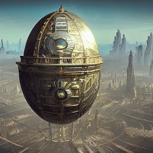 Image similar to enormous flying city in a faberge egg, sky, steampunk, fantasy art, masterpiece, unreal engine, hugh ferriss