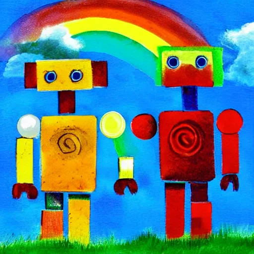 Image similar to Just two rainbow robots in love