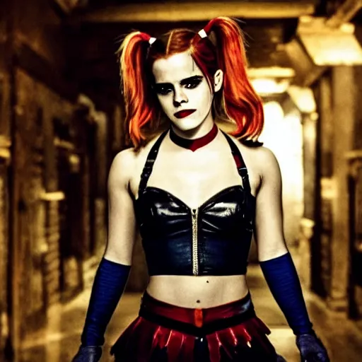 Image similar to Emma Watson as Harley Quinn, cinematic, Wide-shot, atmospheric lighting, directed by Quentin Tarantino, movie still