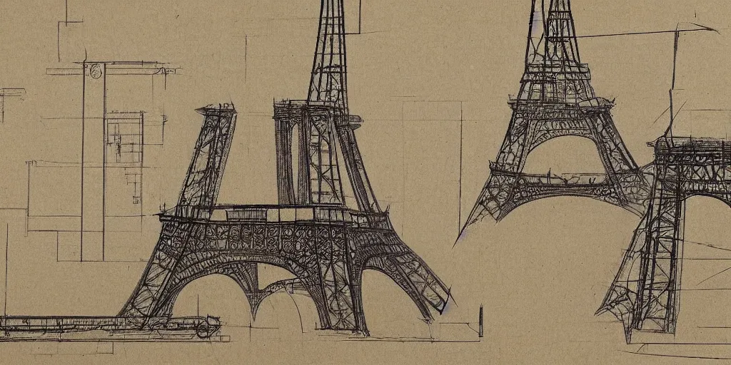 Prompt: architectural schematics of Eiffel Tower, drawn by Leonardo da vinci, in the style of Bauhaus