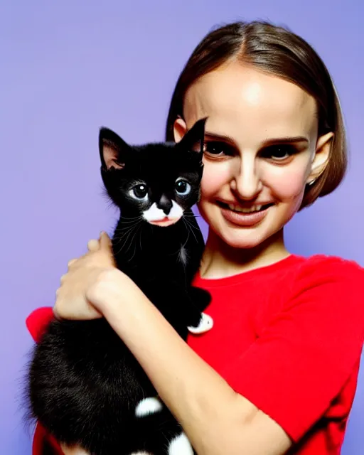 Image similar to a girl looking like natalie portman, holding a robotic kitten. 8k, sharp high quality