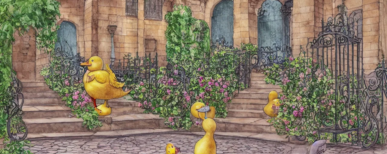 Image similar to courtyard walkway, rubber duck at center, castle, stairway, chairs, wrought iron, gate, botanic garden, botanical herbarium paper, watercolor colored painting, iridescent colors, realistic shaded, fine, artstation, italian style, colonnade ornate headdress, craving, carved, insanely detailed