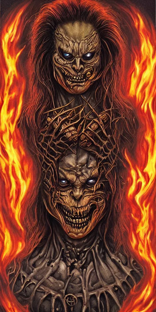 Image similar to giger doom demon portrait of a handsome satanic brown haired hippie with long hair and blue eyes, fire and flame, Pixar style, nightmare fuel, by Tristan Eaton Stanley Artgerm and Tom Bagshaw.