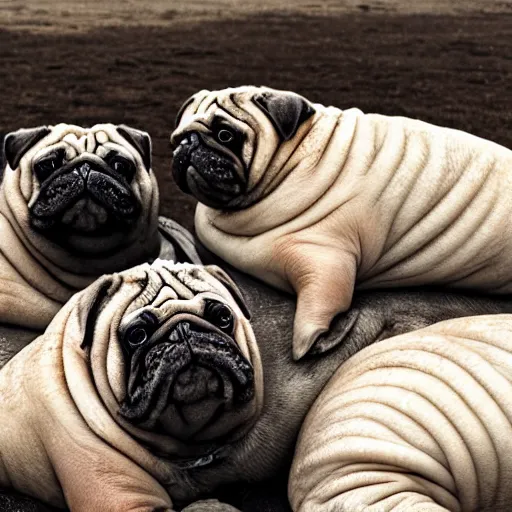 Prompt: a Walrus-Pug Hybrid, A Walrus that looks like a pug, huge tusks, afternoon hangout, good times photograph, candid