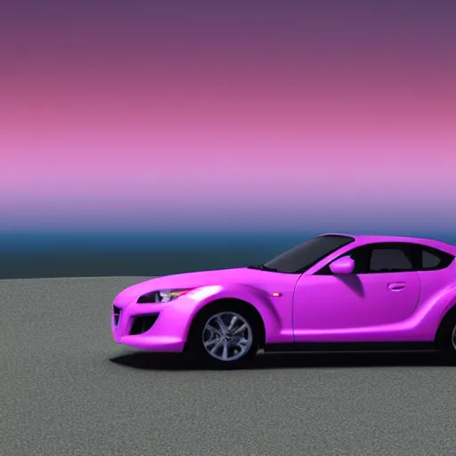 Prompt: Mazda RX-8 driving in a vaporwave landscape. Cats are flying out of the car windows. Digital render. 3DSMAX, Cinema 4D. Unreal engine.