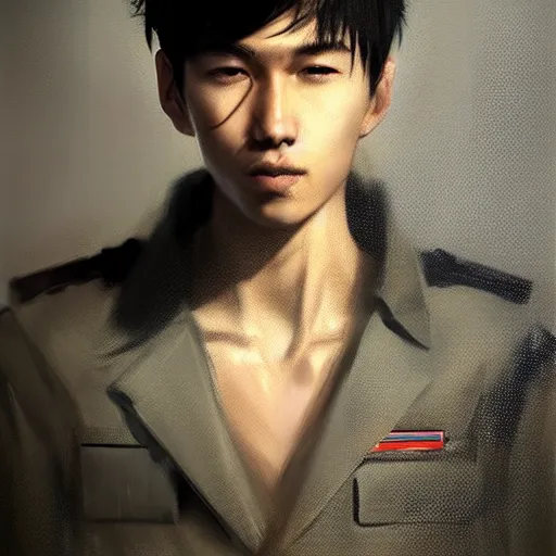 Prompt: Portrait of a man by Greg Rutkowski, he is about 20 years old, japanese, short black hair with bangs, young, manly, attractive, slim, he is wearing futuristic military fatigues, highly detailed portrait, scifi, digital painting, artstation, concept art, smooth, sharp foccus ilustration, Artstation HQ