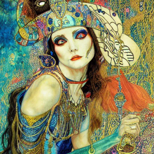 Prompt: cleopatra in alice in wonderland tripping on lsd, intricate detail, painting, royo, frazetta, whealan, klimt,