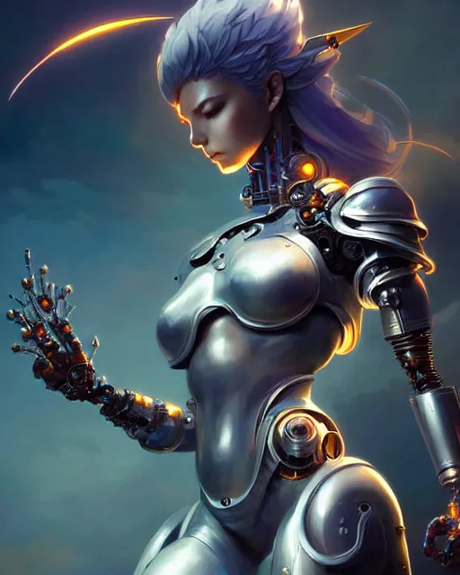 Image similar to 3 / 4 view of a cyborg woman with metal wings, pixie character, genshin impact, fantasy magic, dark light night, intricate, elegant, sharp focus, illustration, highly detailed, concept art, matte, art by wlop and artgerm and greg rutkowski, anime, trending on artstation