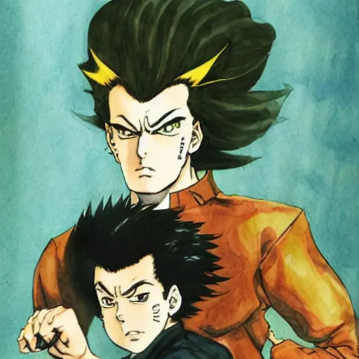 Image similar to young boy angry, pompadour hairstyle, art by hirohiko araki, jotaro kujo, action pose, manga cover, watercolor