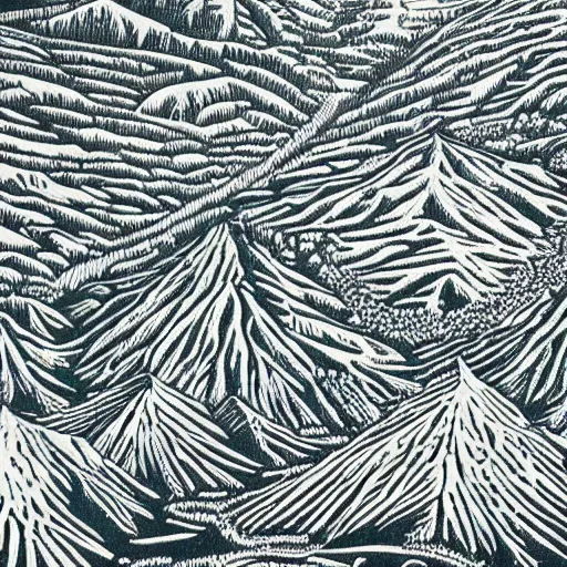 Prompt: intricate, highly detailed, Linocut Art on paper of snow capped canadian mountains, with a forest. Epic Latin American Linocut Art, grababo mexicano.