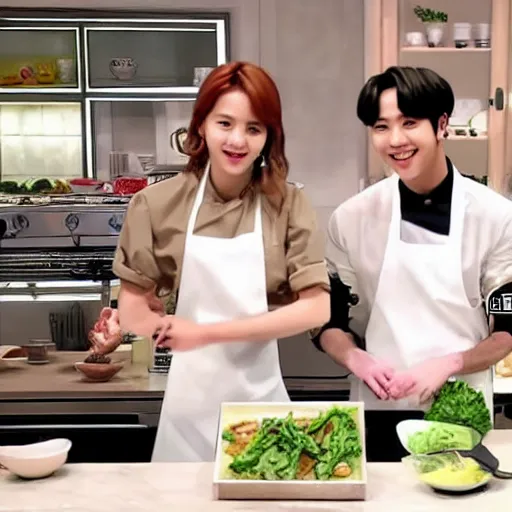 Prompt: BTS k-pop stars cooking show in 4k in gourmet kitchen with great lighting with Emma Watson as guest host