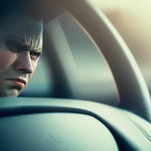 Image similar to ultrarealistic picture of an angry male (((driver))) driving his car, the driver is looking at the camera, very vey very detailed face, face clearly visible, front of the car clearly visible, steering wheel clearly visible, octane render, trending on artstation, steampunk art