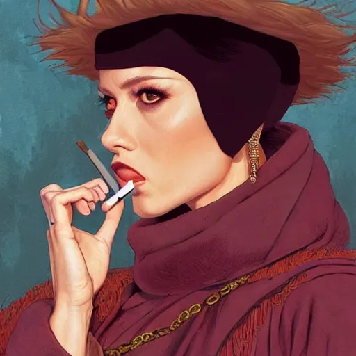 Image similar to a beautiful woman smoking a cigarette as a bandit, highly detailed, sharp focus, digital painting, artwork by martine johanna + joe jusko + Victor Adame Minguez + Yuumei + Tom Lovell + Sandro Botticelli