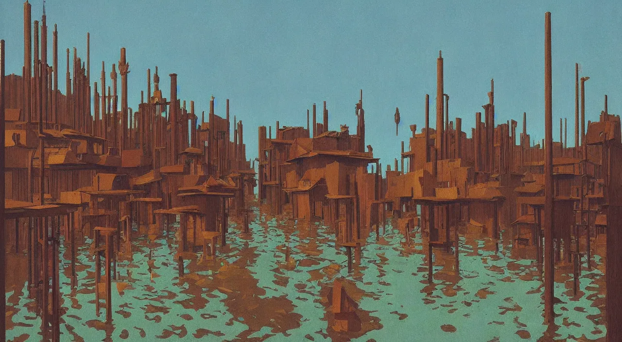 Prompt: single flooded simple wooden towers, very coherent and colorful high contrast!! masterpiece by rene magritte simon stalenhag carl spitzweg syd mead norman rockwell edward hopper james gilleard, minimalist, dark shadows, sunny day, hard lighting