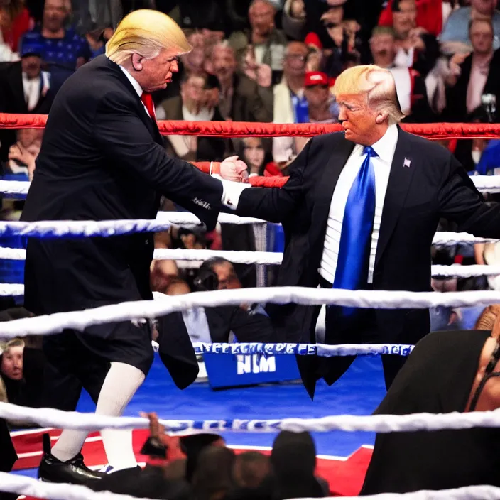 Image similar to donald trump in a boxing match with joe biden, high quality photo