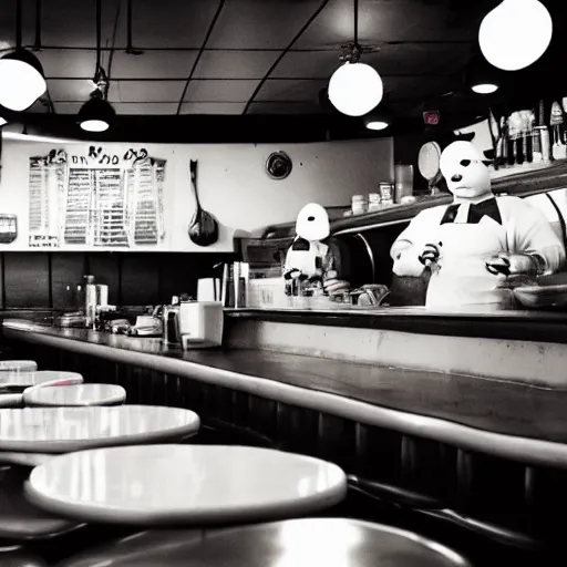 Image similar to inside of a diner serving hot pancakes with alien waiters, cozy lighting, late night, photo