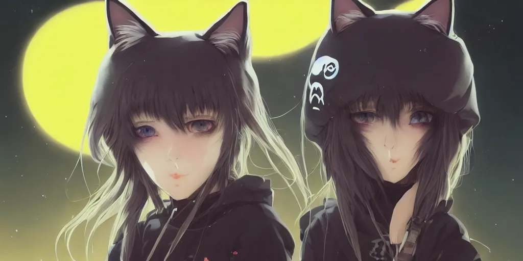 Image similar to with yellow eyes, a beautiful anime cyborg - girl wearing a cat hoodie, wlop, ilya kuvshinov, artgerm, krenz cushart, greg rutkowski, hiroaki samura, range murata, james jean, katsuhiro otomo, erik jones, serov, surikov, vasnetsov, repin, kramskoi