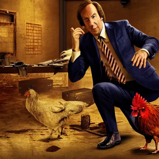 Image similar to saul goodman and a rooster in a saw movie torture chamber, saw movie jigsaw background, saul goodman, rooster, photo