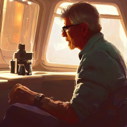 Prompt: harrison ford drinking coffee, colorful, contrast, 3 d scene, greg rutkowski, zabrocki, karlkka, jayison devadas, trending on artstation, 8 k, ultra wide angle, zenith view, pincushion lens effect