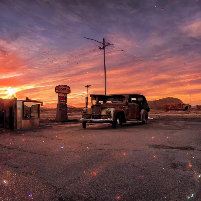 Image similar to a sunset light landscape with historical route 6 6, lots of sparkling details and sun ray ’ s, blinding backlight, smoke, volumetric lighting, colorful, octane, 3 5 mm, abandoned gas station, old rusty pickup - truck, beautiful epic colored reflections, very colorful heavenly, softlight