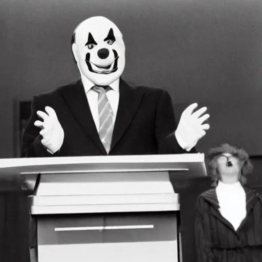 Image similar to photo of a president with clown face giving a speech in television