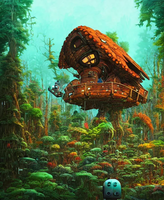 Image similar to a whimsical cabin made from robots, overgrown with huge exotic fungus, deep in the woods, by dan mumford, yusuke murata, makoto shinkai, ross tran, underwater, hellish, cinematic, unreal engine, cel shaded, featured on artstation, pixiv