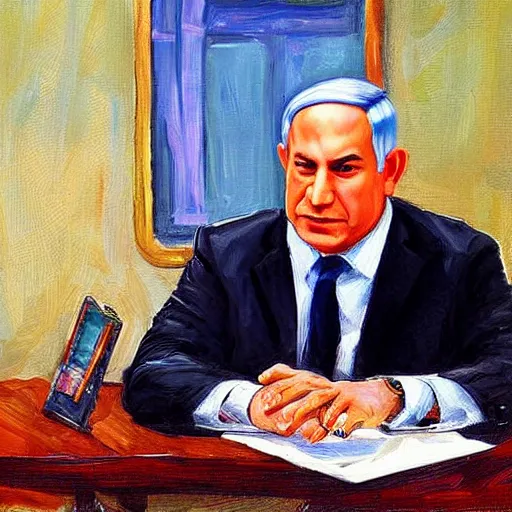 Image similar to benjamin netanyahu sir on table and talk on his phone. painting