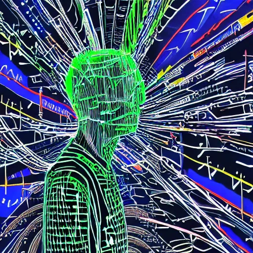 Image similar to synthesizer player made of information networks and wires, intricate, sparks, computer breakdown, crash, digital, pen and ink, fine lines, digital glitch, smeared colored paint, dripping, oil spray