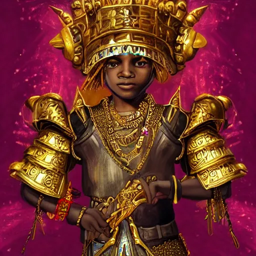 Image similar to a young black boy dressed like an african moorish warrior in gold armor and a crown with a ruby, and a very ornate glowing scimtar, for honor character digital illustration portrait design, by android jones in a psychedelic fantasy style, dramatic lighting, hero pose, wide angle dynamic portrait