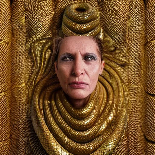 Prompt: snake man, up portrait with her body wrapped in gold scales, hyper photo realistic 8K HD HDRI, photo by Annie Leibovitz