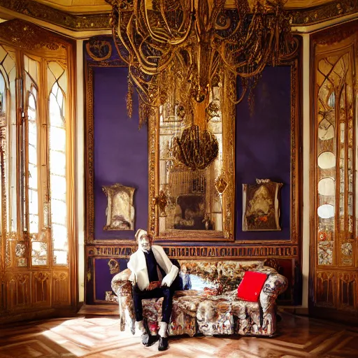 Prompt: rodrigo hidalgo the count of barcelona, entering his room, tired face, room decorated with silk, peacock statues, expensive ornaments, his wife sits on the sofa, detailed faces, film still, global illumination, radiant lighting, hyper realistic, award winning dslr photography, intricate environment