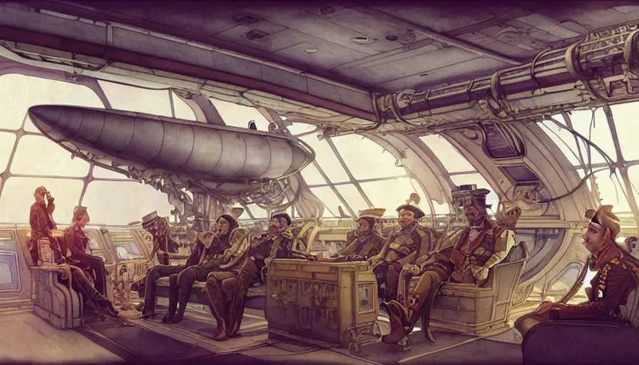 Prompt: airship interior bridge of warship, captain's chair, bridge crew, starship, french baroque, napoleonic, dieselpunk science fiction, steampunk, command and control center, sharp, concept art watercolor illustration by mandy jurgens and alphonse mucha, dynamic lighting