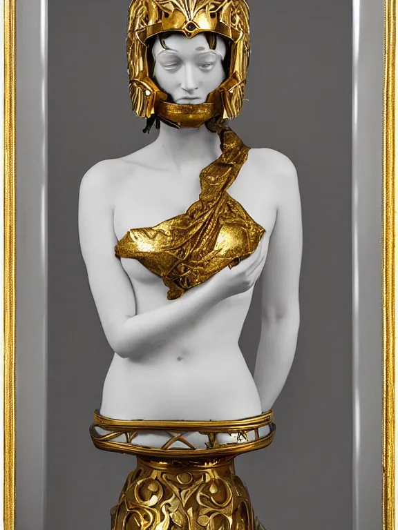 Image similar to a dramatically lit art nouveau white marble head and torso sculpture of a worried young christina hendricks, wearing intricate gold plate armor on her chest and a golden helmet, delicate, intricate, smooth, beautiful, glowing, by charles van der stappen