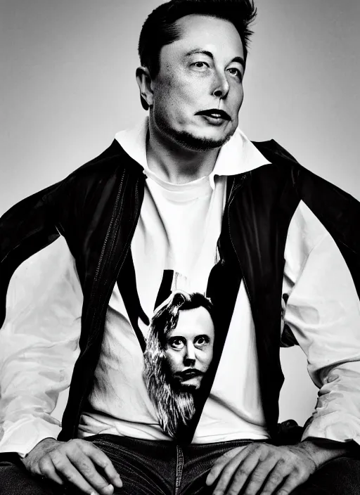 Image similar to A black and white, high contrast portrait of Elon Musk. He has very long hair and a beard. Looks like an old hippie