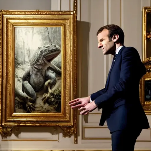 Prompt: Emmanuel Macron having a meeting with reptiles, reptiles, reptiles, reptiles, dramatic lighting, dark image, photography, masterpiece