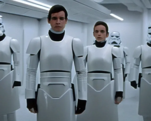 Image similar to screenshot sith android in a cloning lab, pensive, iconic scene from 1 9 8 0 s star wars film directed by ridley scott, in a sci fi architecture, last jedi, 4 k hd sharp, cinematic still frame, photoreal, detailed face, moody lighting, stunning cinematography, anamorphic lenses, kodak color film stock