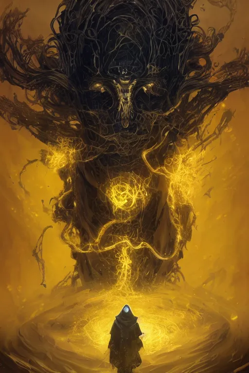 Image similar to A full body portrait of a mysterious character with no face with a very long hooded yellow cloak, a golden crown floating above his head tentacles coming out the ground art by Maciej Kuciara and Jason Chan, ominous, cosmic horror, trending on artstation, Ultra detailed, hyper realistic 4k