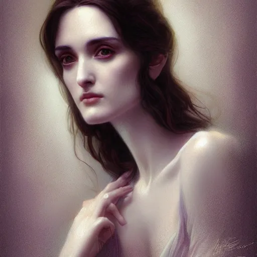 Image similar to beautiful striking Pre-Raphaelite Winona Ryder by Artgerm and Greg Rutkowski, pale, intricate, elegant, highly detailed, digital painting