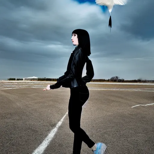 Image similar to 1 7 - year - old pale - skinned girl with black long bob cut, long bangs, black gothic jacket, black jeans, flying through sky, ultra - high jump, late evening, blue hour, cirrus clouds, pearly sky, ultra - realistic, sharp details, subsurface scattering, blue sunshine, intricate details, hd anime, 2 0 1 9 anime