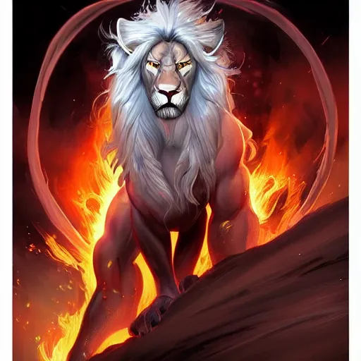 Image similar to aesthetic portrait commission of a albino muscular and attractive anthro lion as a satanic muscular overlord with mane fur turning into cosmic red fire and black smoke in the volcanic burning clouds, fantasy art, hyperdetailed. Character design by charlie bowater, ross tran, artgerm, and makoto shinkai, detailed, inked, western comic book art, 2021 award winning painting