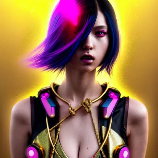 Prompt: hyperdetailed portrait of a stunningly beautiful cyberpunk cutie european girl with dark hair guard made of iridescent metals and shiny pink gems, bright rainbow nimbus, gold necklace, gold background inspired by ross tran and masamune shirow and kuvshinov, intricate, photorealistic, octane render, rtx, hdr, unreal engine, dnd digital art by artgerm