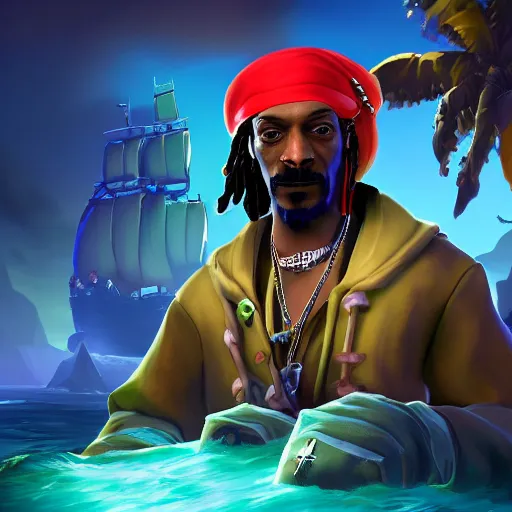 Image similar to Snoop dogg as a pirate in the game Sea of thieves, digital art, trending on artstation