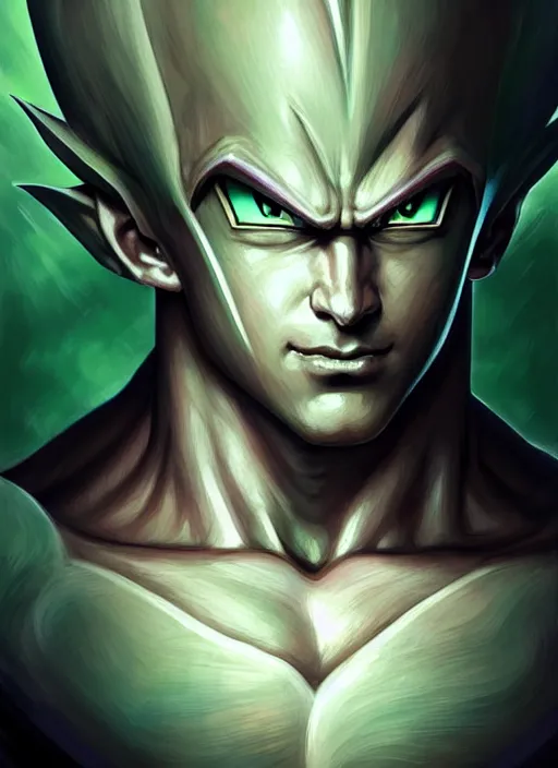 Image similar to Portrait of Cell (from dragon ball), D&D, muscular, fantasy, intricate, elegant, highly detailed, digital painting, artstation, concept art, smooth, sharp focus, illustration, art by artgerm and greg rutkowski and alphonse mucha