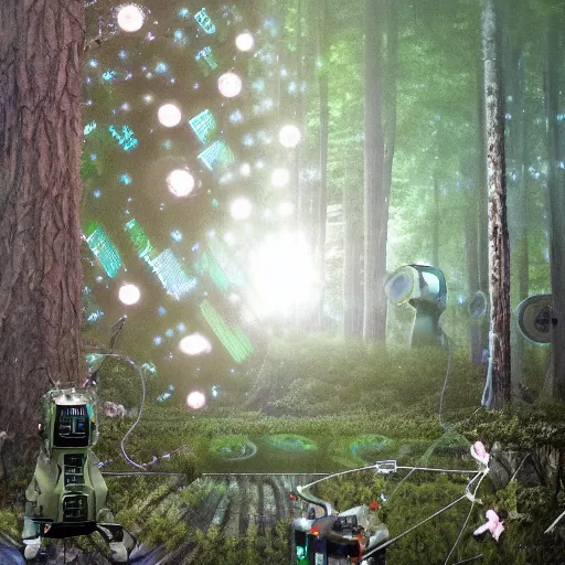 Prompt: a cybernetic ecology. joined back to nature, all watched over by machines of loving grace. a cybernetic forest filled with pines and electronics where deer stroll peacefully past computers as if they were flowers with spinning blossom