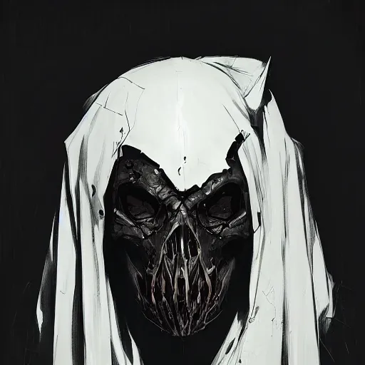 Image similar to portrait of a character wearing a black cloak, with a white mask in the shape of a cow skull, the mask covers her entire face, dramatic lighting, illustration by Greg rutkowski, yoji shinkawa, 4k, digital art, concept art, trending on artstation