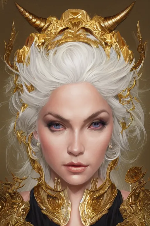 Image similar to fullbody!! beautiful woman with white hair, big natural horns on her head, gold jewellery, dnd, face, fantasy, intricate, elegant, highly detailed, digital painting, artstation, concept art, smooth, sharp focus, illustration, art by artgerm and greg rutkowski and alphonse mucha